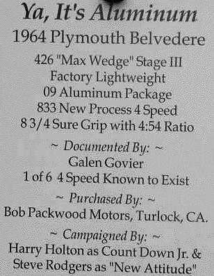 1964 Plymouth Aluminum front end 4 speed sign